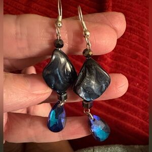 Hand Crafted Midnight Blue Nacre and Crystal Dangle Earrings